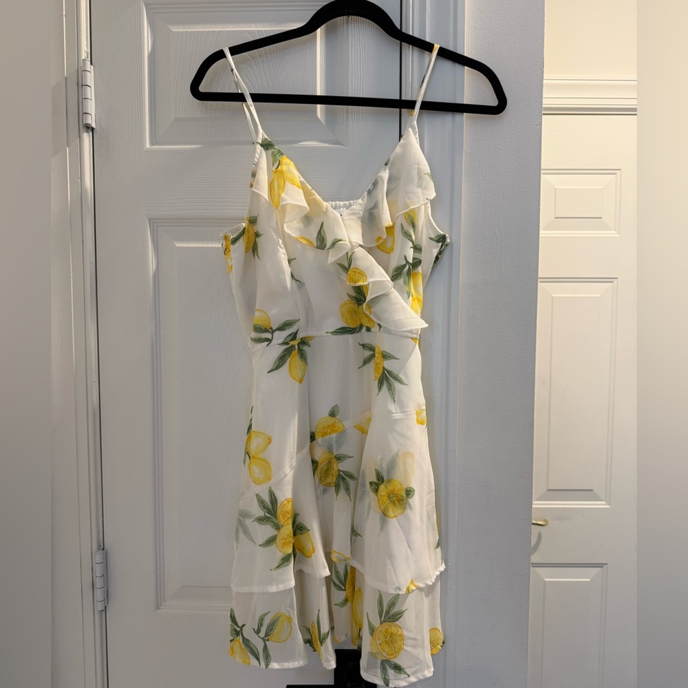White Lemon Print Ruffle Dress